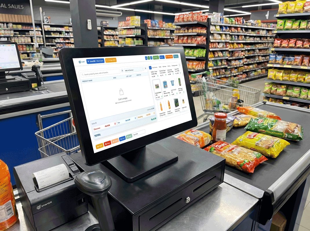 SmartBillPos billing workflow on a supermarket POS terminal